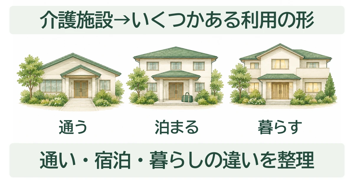 介護施設の利用の形として通う・泊まる・暮らすを並べ、それぞれの違いを整理することを示した図。