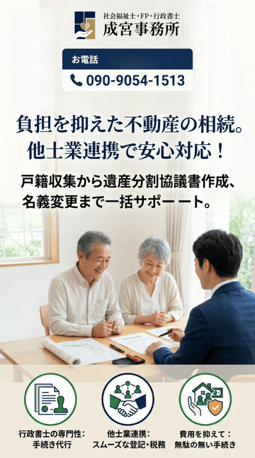 負担を抑えた不動産の相続。
他士業連携で安心対応！戸籍収集から遺産分割協議書作成、名義変更まで一括サポート。