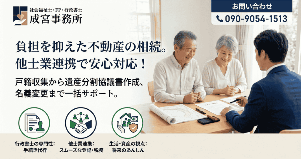 負担を抑えた不動産の相続。
他士業連携で安心対応！戸籍収集から遺産分割協議書作成、名義変更まで一括サポート。