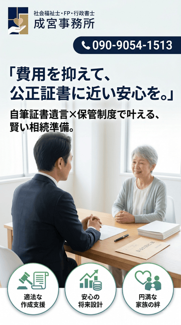 「費用を抑えて、公正証書級の安心を。」
自筆証書遺言×保管制度で叶える、賢い相続準備
行政書士・社会福祉士・FPの3視点で、あなたの「想い」を法的に有効な形へ。
法務局への預け入れまで、成宮事務所がトータルにサポートします。