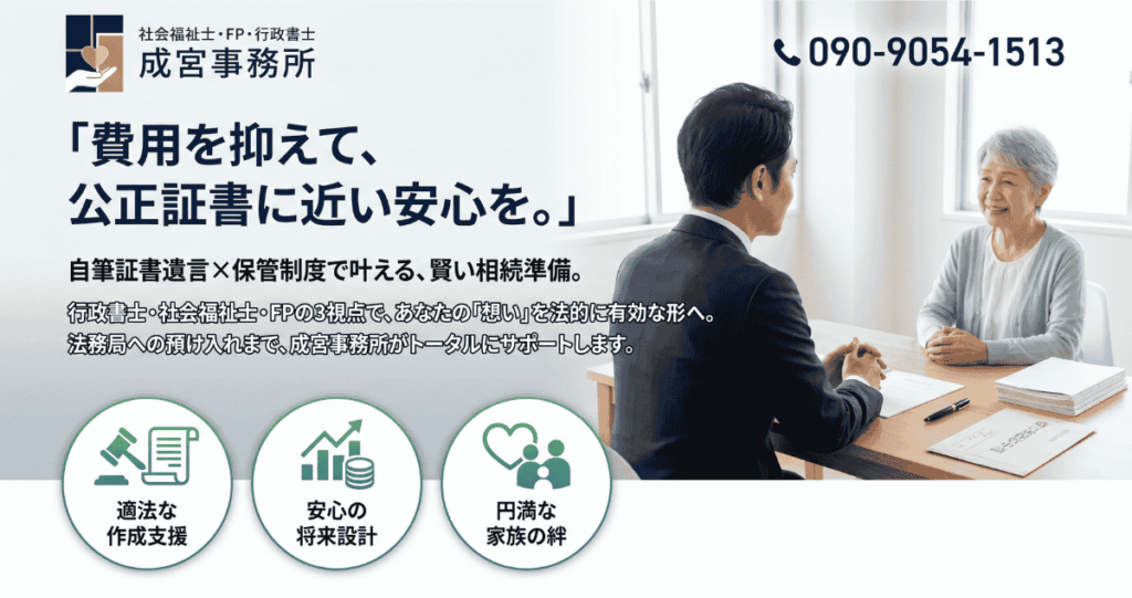 「費用を抑えて、公正証書級の安心を。」
自筆証書遺言×保管制度で叶える、賢い相続準備
行政書士・社会福祉士・FPの3視点で、あなたの「想い」を法的に有効な形へ。
法務局への預け入れまで、成宮事務所がトータルにサポートします。