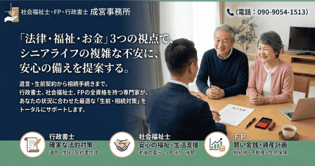 「法律・福祉・お金」３つの視点で、シニアライフの複雑な不安に、安心の備えを提案する。
「生前・相続対策」をトータルにサポートします。
