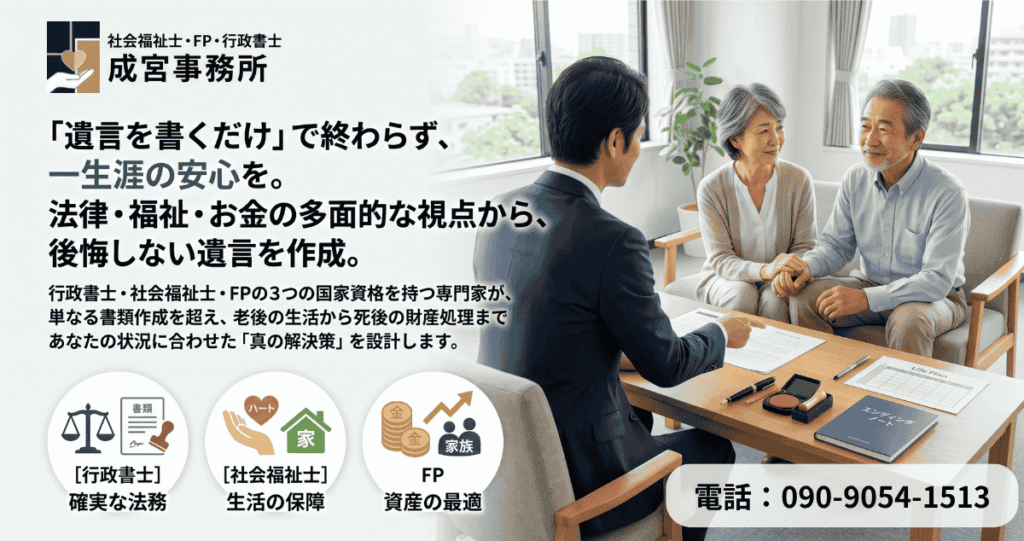 遺言を書くだけで終わらず、一生涯の安心を。法律・福祉・お金の多面的な視点から、後悔しない遺言を作成。