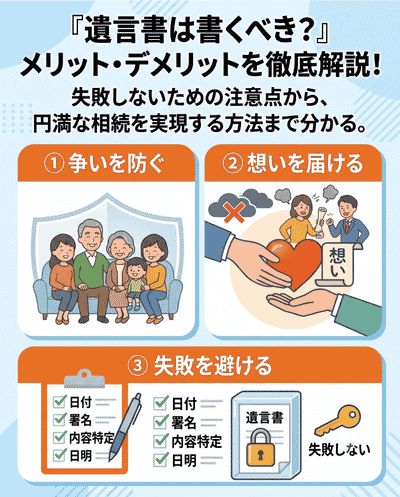 遺言書は書くべき?メリット・デメリットを徹底解説!
失敗したないための注意点から、円満な相続を実現する方法まで分かる。