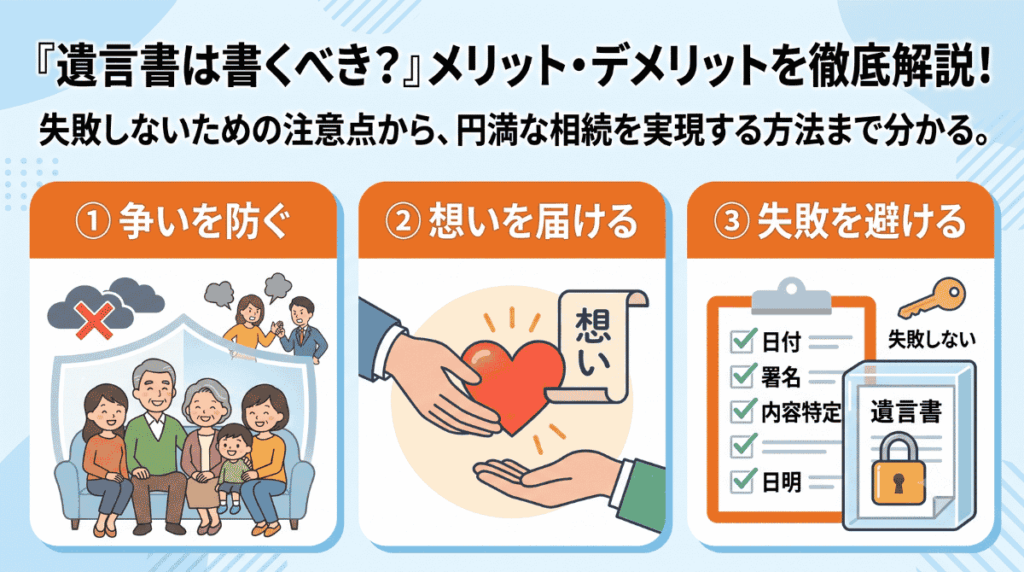 遺言書は書くべき?メリット・デメリットを徹底解説!
失敗したないための注意点から、円満な相続を実現する方法まで分かる。