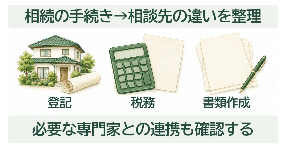 登記・税務・書類作成を対等に並べ、相続の手続きに応じた相談先の違いと専門家との連携を確認することを示した図。