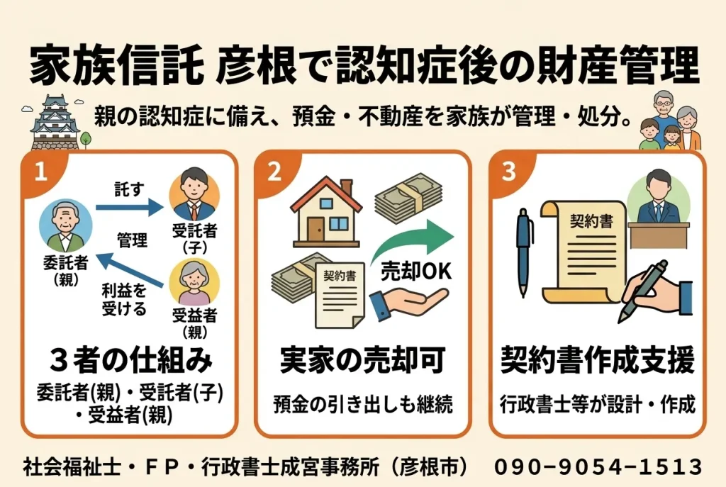 家族信託彦根で認知症後の財産管理
親の認知症に備え、預金・不動産を家族が管理・処分