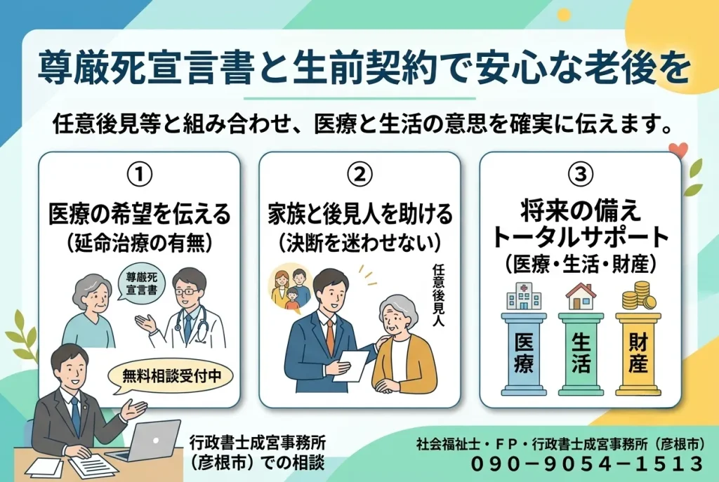 尊厳死宣言書と生前契約で安心な老後を 任意後見等と組合せ、医療と生活の意思を確実に伝えます。