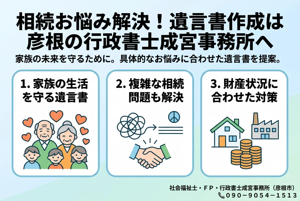 相続お悩み解決！遺言書作成は彦根の行政書士成宮事務所へ