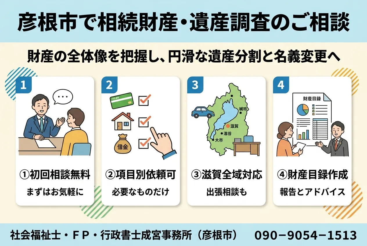 彦根市で相続財産・遺産調査のご相談。財産の全体像を把握し、遺産分割と名義変更へ