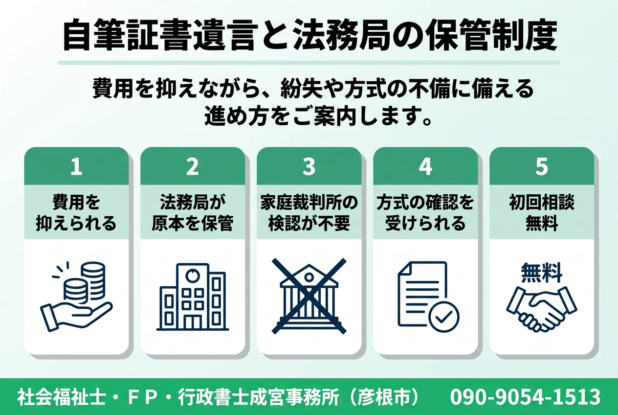 自筆証書遺言と法務局の保管制度。費用を抑えられる、法務局が原本を保管、家庭裁判所の検認が不要、方式の確認を受けられる、初回相談無料の5点を示した図