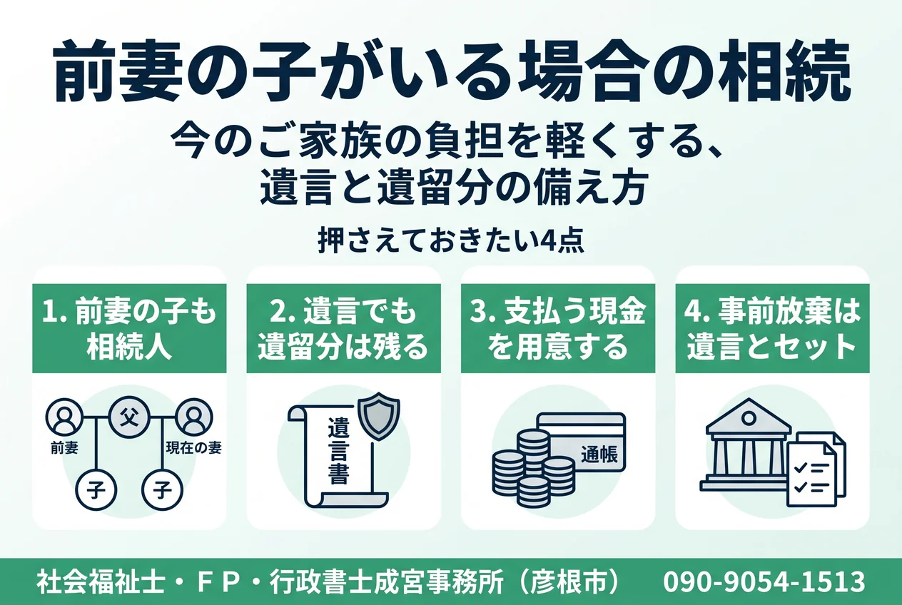 前妻の子がいる場合の相続。前妻の子も相続人、遺言でも遺留分は残る、支払う現金を用意する、事前放棄は遺言とセット、の4点を示した図