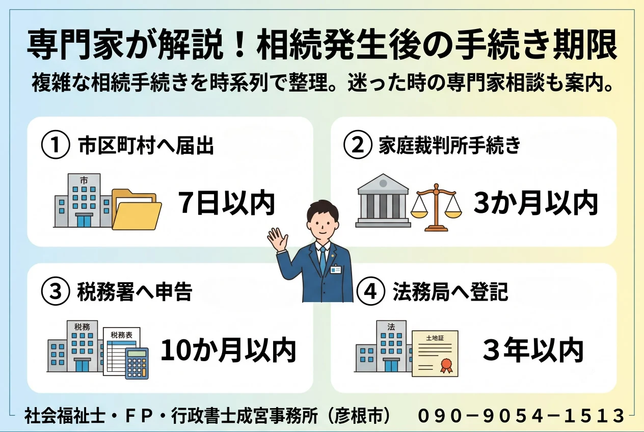 相続が起きたあとの手続きの期限の図解。市区町村への届出は7日以内、家庭裁判所の手続きは3か月以内、税務署への申告は10か月以内、法務局への登記は3年以内と示した図。