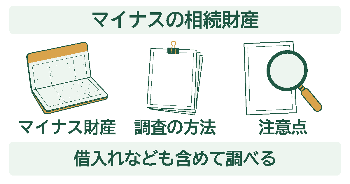 マイナスの相続財産を示す図。マイナス財産・調査の方法・注意点の3つを、イラストとともに並べている。