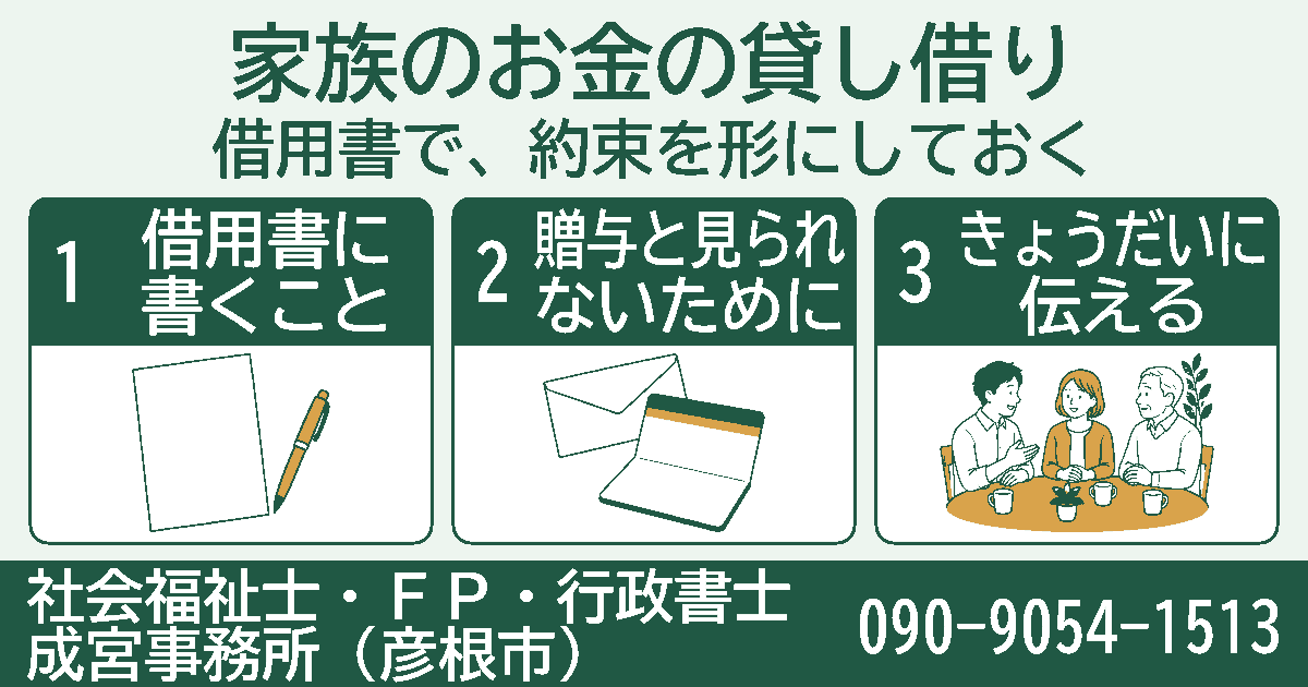 家族のお金の貸し借り。借用書に書くこと、贈与と見られないために、きょうだいに伝えるの3項目を挿絵付きのカードで紹介する図。