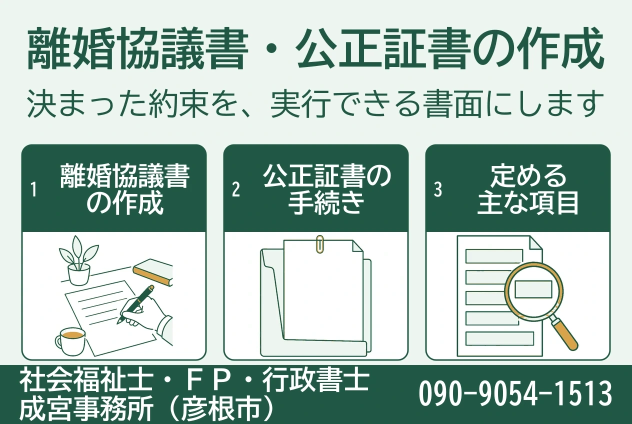 離婚協議書の作成、公正証書の手続き、定める主な項目を、落ち着いて書面を整える挿絵で示す図。