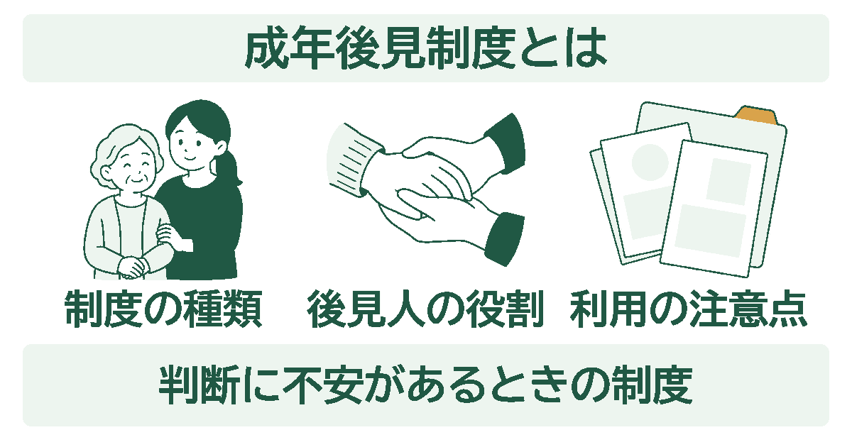 成年後見制度を示す図。制度の種類・後見人の役割・利用の注意点の3つを、イラストとともに並べている。