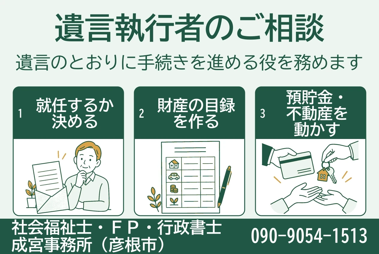 遺言執行者への就任、財産目録の作成、預貯金と不動産の手続きを、三枚のカードで示した図。