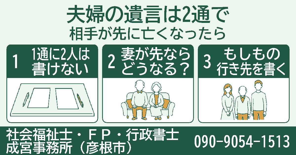 夫婦の遺言は2通で。1通に2人は書けない、妻が先ならどうなる？、もしもの行き先を書くの3項目を挿絵付きのカードで紹介する図。