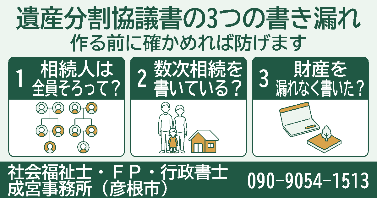 遺産分割協議書の3つの書き漏れ。相続人は全員そろっているか、数次相続を書いているか、財産を漏れなく書いたかの3項目を、挿絵付きのカードで紹介する図。