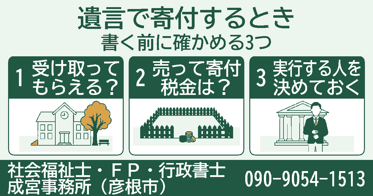 遺言で寄付するとき。受け取ってもらえる？、売って寄付税金は？、実行する人を決めておくの3項目を挿絵付きのカードで紹介する図。