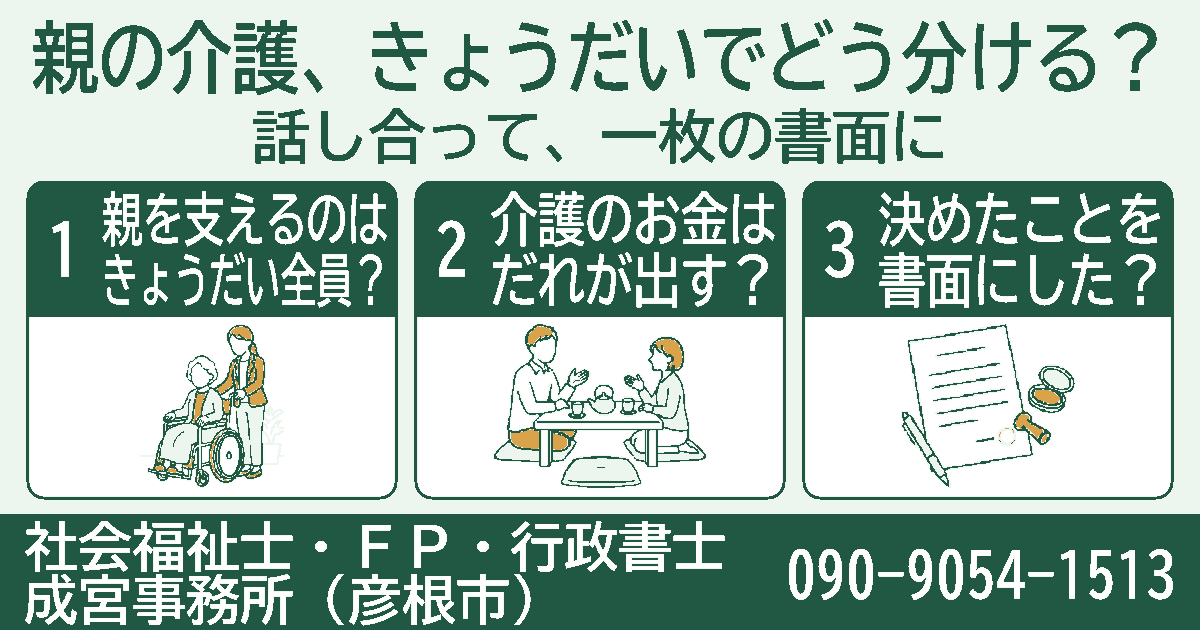 親の介護、きょうだいでどう分ける？ 親を支えるのはきょうだい全員？、介護のお金はだれが出す？、決めたことを書面にした？の3項目を挿絵付きのカードで紹介する図。